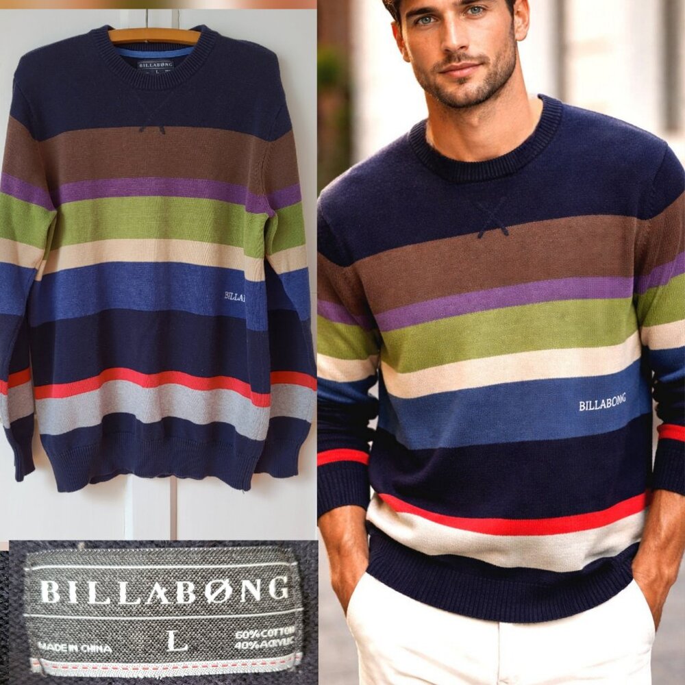 Billabong Colorful Striped Sweater Crewneck Size L Men Y2K